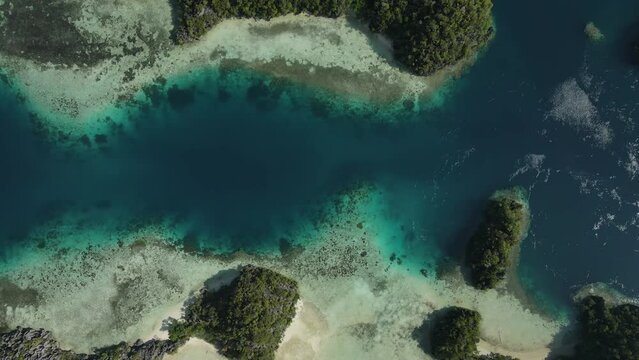 aerial shoot, flight over colourful lagoon with Turquoise water, sand beach and palm trees in Raja Ampat Indonesia