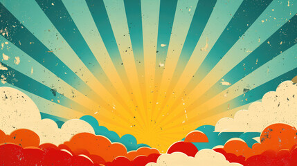 Vintage sun retro banner background. Colourful grunge sunburst. Vector illustration.