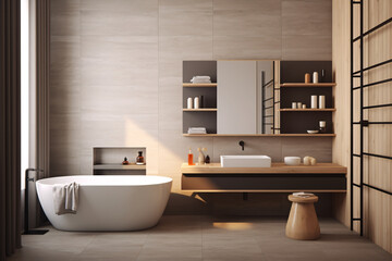 Fototapeta na wymiar A modern bathroom with a bathtub, minimalistic interior design