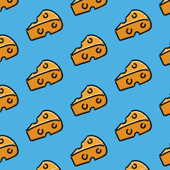 Seamless pattern of cheese slice on white background. Vector illustration with blue background