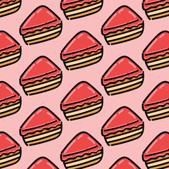 seamless pattern of pink and chocolate sweet pies with cherry and strawberry on pink checkered tablecloth.Texture for fabric, wrapping, wallpaper. Decorative print. Delightful Cake Slices
