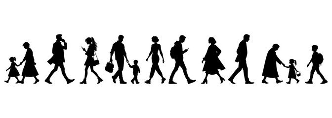 vector illustration. silhouettes of people walking along the street. Large set of characters of different ages.