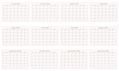 calendario 2024 mensual, grilla cada mes - obrazy, fototapety, plakaty