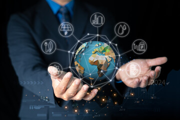 Hand holding global with icon sustainable. Business, natural green bokeh background,technology concept,alternative energy,conservative clean energy,ESG concept,Carbon credit,Carbon neutral.