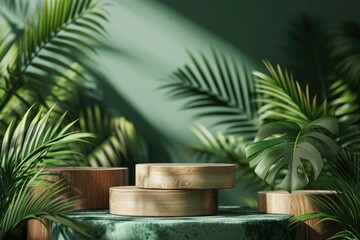 Wooden podium for product presentation with tropical leaves on green background