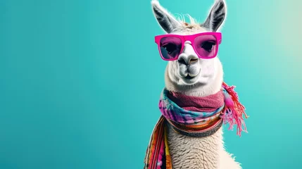 Fototapeten A stylized llama with a quirky expression, wearing pink sunglasses and a colorful scarf, set against a teal background © PhilipSebastian