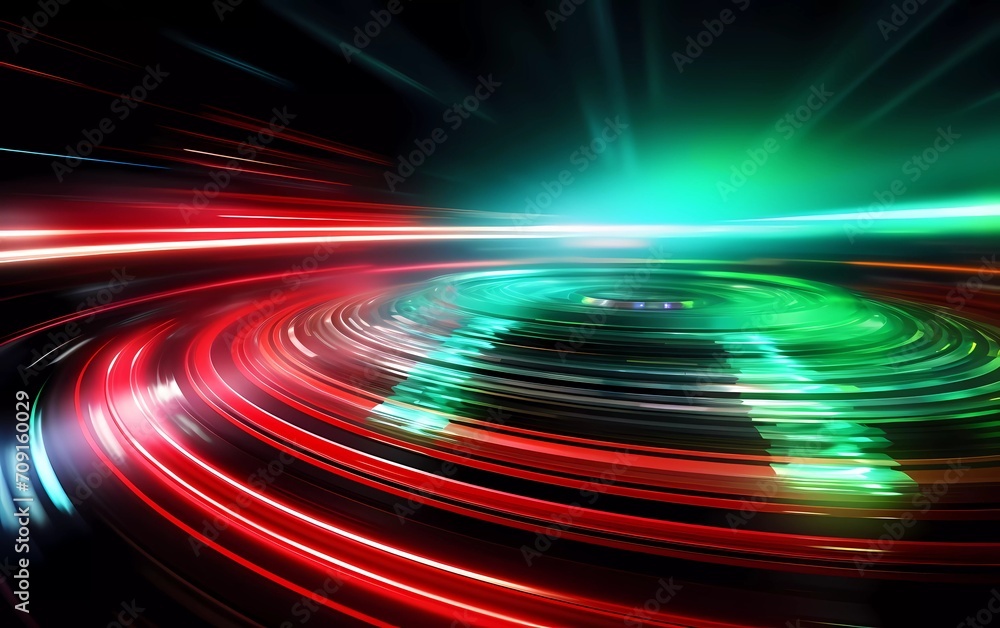 Poster abstract technology futuristic neon circle glowing silver, green and red light lines with speed moti