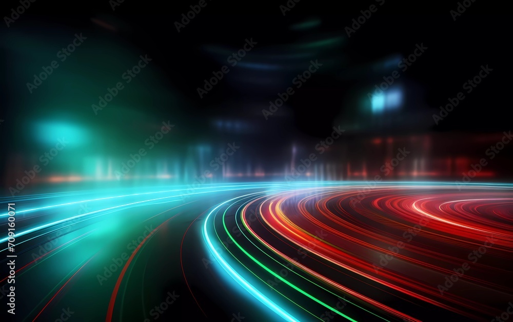 Poster abstract technology futuristic neon circle glowing silver, green and red light lines with speed moti