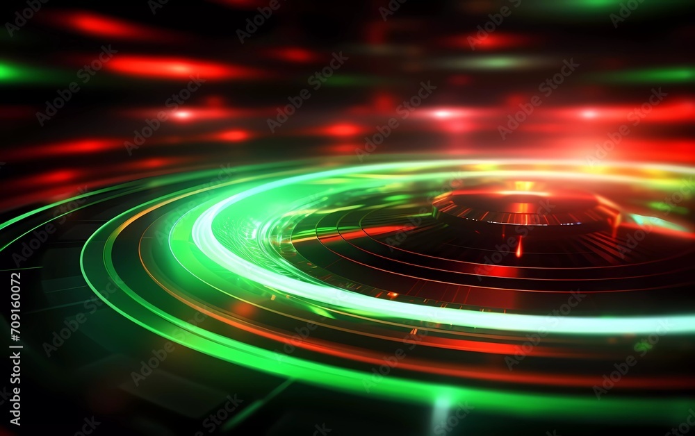 Wall mural abstract technology futuristic neon circle glowing silver, green and red light lines with speed moti