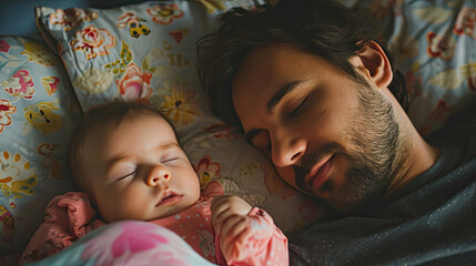 Father with a baby girl at home sleeping.