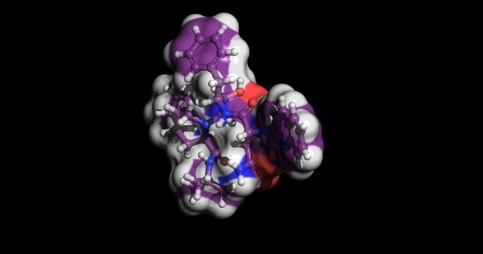 Saquinavir, HIV protease inhibitor, AIDS drug, 3D molecule spinning, 4K