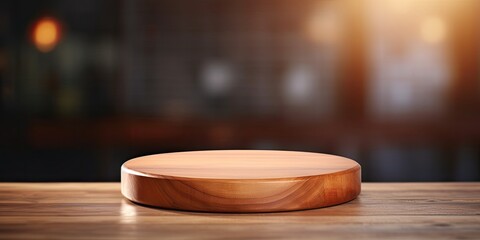 Product presentation on round wooden table with blurred background