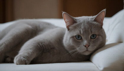 Um gato cinza sereno, com pelagem lustrosa e olhos verdes penetrantes, descansa confortavelmente sobre uma colcha branca, exalando uma sensação de calma.
