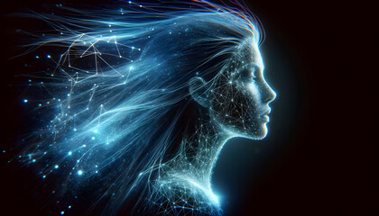 A profile of a woman with hair and skin composed of glowing digital particles, symbolizing technology and humanity merging