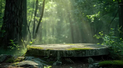 Wandaufkleber Flat stone podium in the magical forest , empty round stand background © Sasint