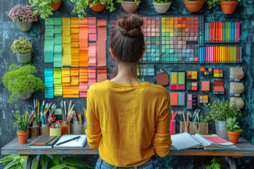 A young woman seen from behind with arts and crafts supplies sitting at a desk, creative hobby concept - 709160655