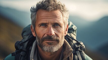 Close-up of a mid aged man hiking in the mountains during summer. Landscape hiking shot. Hiking advertisement and hiking vacation tourism concept