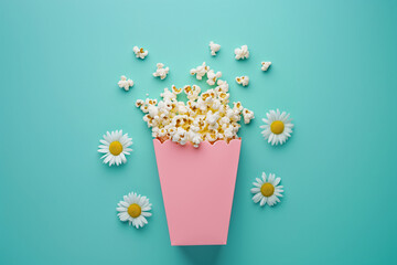 Top view of daisies and popcorn in a pink paper bag placed on a light cyan background. Minimal pastel spring flower concept.	