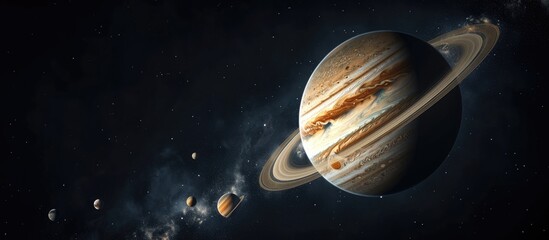 Jupiter seen in view, with Saturn and its moons