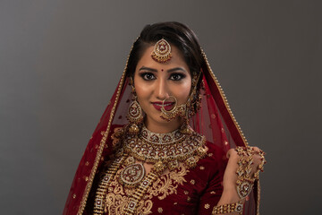 Young Indian female in ethnic Indian wear celebrating festival of Diwali. Indian female with bridal...