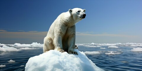 The polar bear lost its ice habitat due to melting caused by global warming - obrazy, fototapety, plakaty