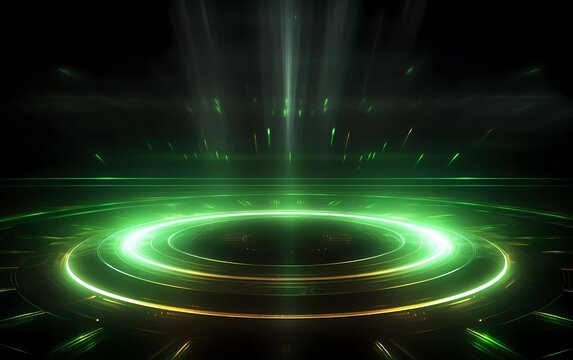 Abstract Technology Futuristic Neon Circle Glowing Silver And Light Green Light Lines With Speed Motion Blur Effect On Background. Generative Ai