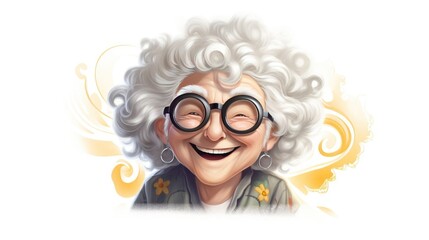 Portrait of a sweet smiling laughing grandmother with gray hair and glasses.