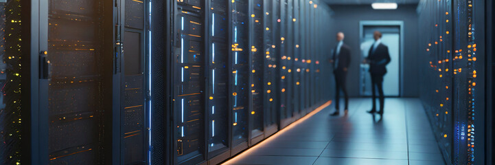 server room data center with rows of server racks for digital data storage