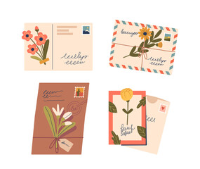 Graceful Envelopes Adorned With Intricate, Delicate Flowers, Correspondence with Touch Of Elegance, Vector