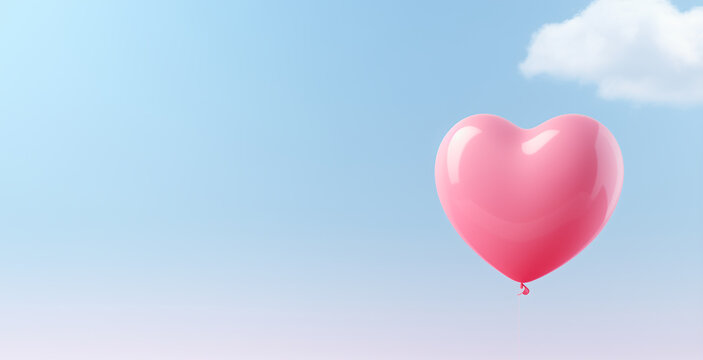 Valentines day background banner. Blue background and one floating heart balloon.