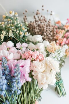 A close-up image showcasing the delicate beauty of an assortment of pastel-colored flowers in full bloom, with soft petals and intricate details..