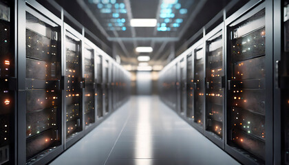 server room data center with rows of server racks for digital data storage
