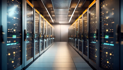 server room data center with rows of server racks for digital data storage