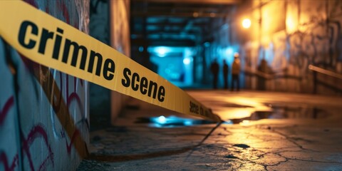 crime scene tape with blurred forensic law enforcement background in cinematic tone and copy space - obrazy, fototapety, plakaty