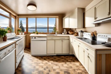 Empty kitchen room with linoleum floor, old storage cabinets and white appliances. View of Gig Harbor bridge over Puget Sound