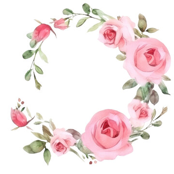 Wreaths, floral frames, watercolor flowers pink roses Illustration transparent background