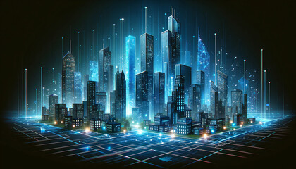 A digital cityscape with skyscrapers and light trails, illustrating urban technology or a cybernetic metropolis