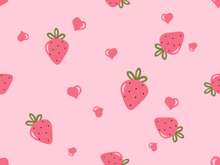 Seamless pattern with strawberry fruit and hearts on pink background vector illustration.