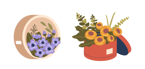 Elegant Blooms Adorned In Vibrant Hues, Carefully Nestled Within Exquisite Round Gift Packaging, Creating Surprise