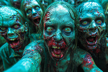 A group of scary-looking green zombies attacking, Halloween Horror