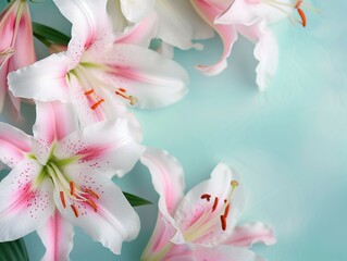 Pink and white blooming lily flowers in pastel color background for for birthday, card, anniversary, wedding and mothers' day background. Nature and floral theme. Copy space, empty space, top view. 