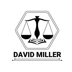 This is a logo for lawyers. There are many elements used like a label, a scale, pen, and a book.