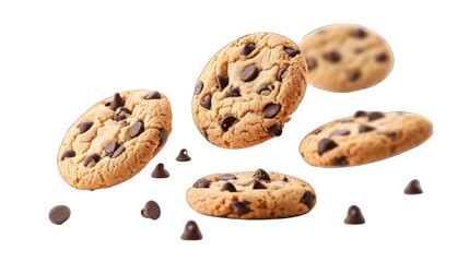 Fototapeta na wymiar Chocolate chip cookies isolated, floating in the air, transparent PNG