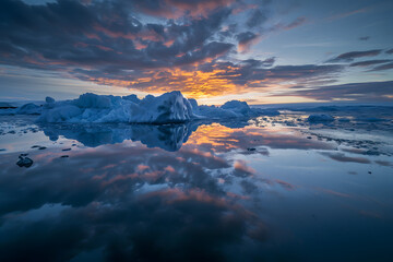 Sunset over the ocean. Glaciers in the ocean. Cloud shadow in the ocean.