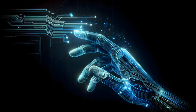 A cybernetic hand reaching out, signifying robotics, AI, or advanced technology