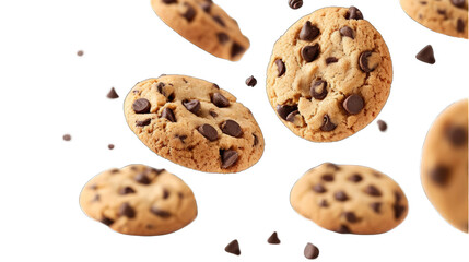 Chocolate chip cookies isolated, floating in the air, transparent PNG