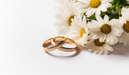 Fototapeta na wymiar wedding rings and flowers material photo, white background created with Generative Ai