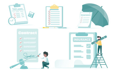 Business contract collection set. Business people signing signature, checklist on insurance paper, tax form, to do list, reminder. Flat vector design illustration.