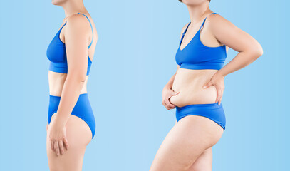Woman's body before and after weight loss or liposuction on blue background, plastic surgery concept