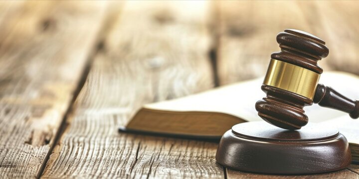 Law and justice concept. Gavel, books and scales of justice on wooden table.